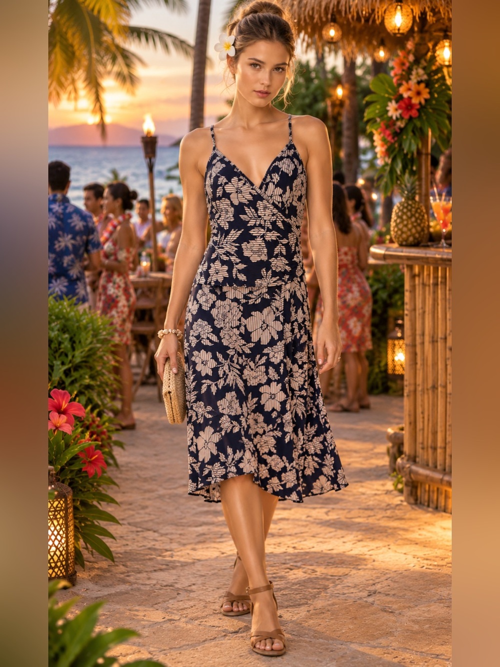 TORI RICHARD Made In USA Midi Dress S Floral Soft Stretch Hawaiian Tropical Navy